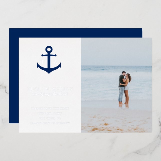 Nautische Hochzeit im Anker-Foto speichern das Dat Folieneinladung (Vorderseite/Rückseite)