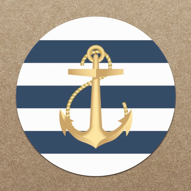 Nautische Hochzeit mit Gold Anchor Navy Runder Aufkleber (Von Creator hochgeladen)