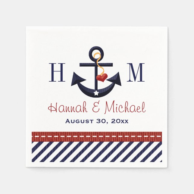 Nautische Hochzeit mit mit Monogramm Rot und Navy Serviette (Vorderseite)