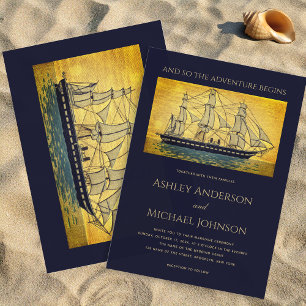 Nautische Hochzeit Navy Gold Schiff Abenteuer Begi Einladung