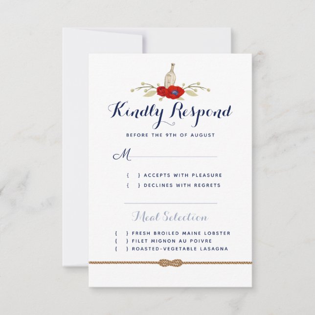 Nautische Hochzeit rot, weiß und blau halbförmlich RSVP Karte (Vorderseite)