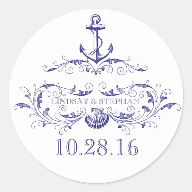 Nautische Hochzeitsticker mit Anker Runder Aufkleber (Vorderseite)