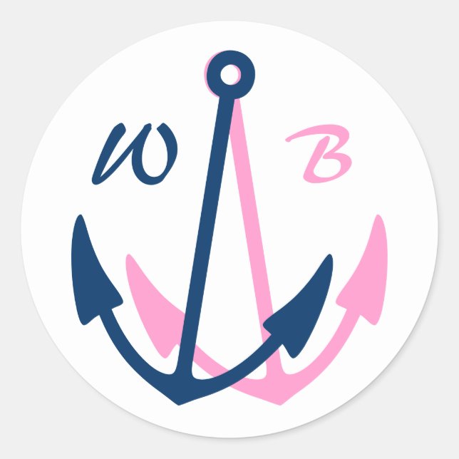 Nautische Hochzeitsticker mit mit Monogramm Ankern Runder Aufkleber (Vorderseite)