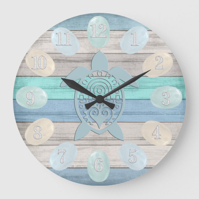 Nautische Holzstreifen, Meerglas, Schildkröten Große Wanduhr (Vorderseite)