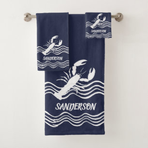 Nautische Hummer Navy Blue White Bath Monogram Badhandtuch Set