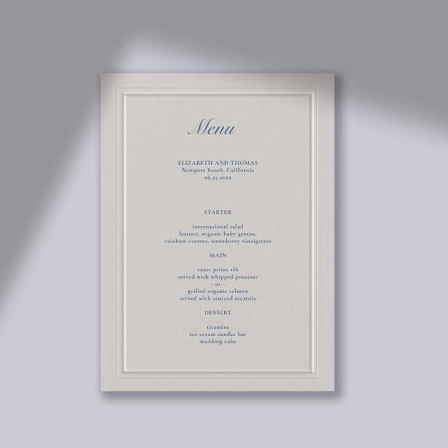 Nautische Imitate mit dem Prädikat Blue Modern Cla Menükarte (wedding menu card traditional classic formal  faux embossed nautical  frame ocean beach boat yacht)