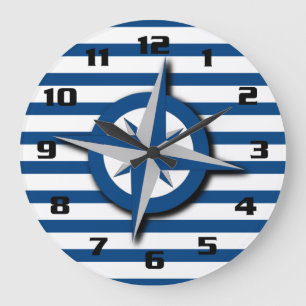 Nautische Inspirierte Kompass- und Streifenmuster Große Wanduhr