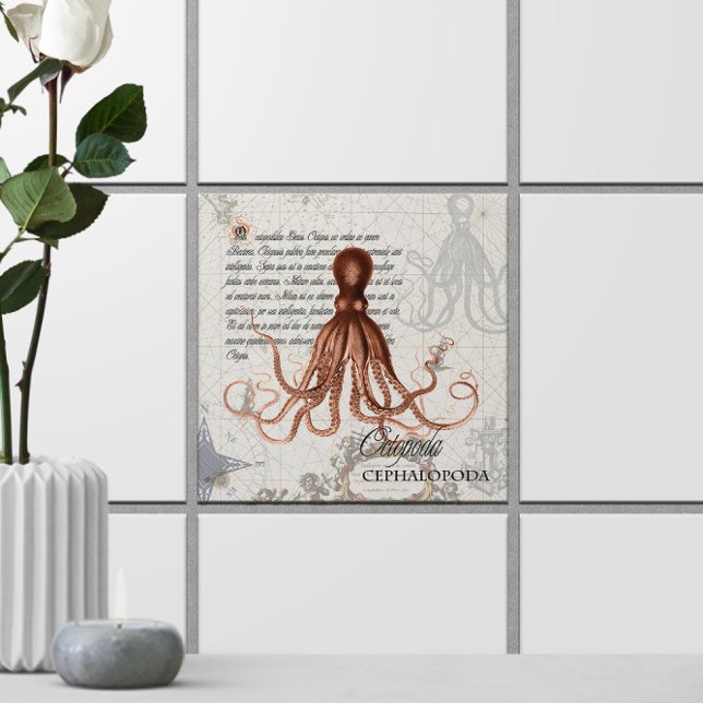 Nautische Karte 🐙 Viktorianischer Vintager Oktopu Fliese (Nautical Map 🐙 Victorian Vintage Octopus Ceramic Tile
)