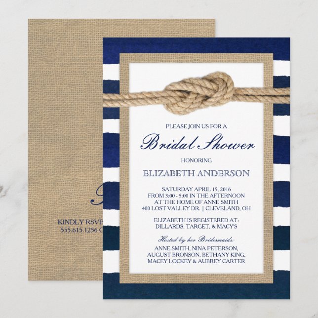 Nautische Knot-Navy-Streifen Rustikales Brautparty Einladung (Vorne/Hinten)