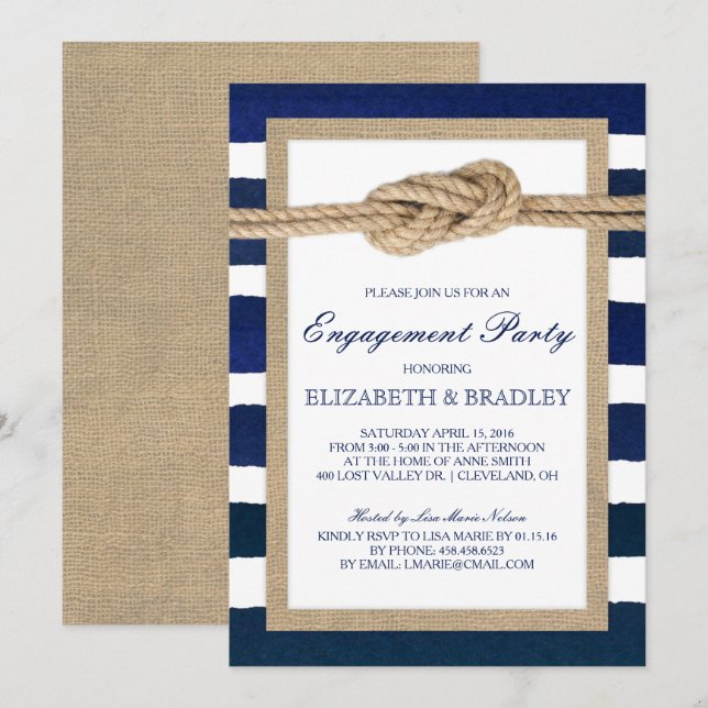 Nautische Knot Navy Stripes Bridal Engagement Part Einladung (Vorne/Hinten)