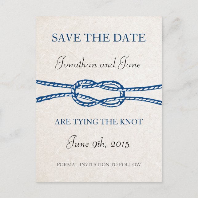Nautische Krawatte die Knot Hochzeit Save the Date Ankündigungspostkarte (Vorderseite)