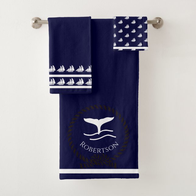 Nautische Küstenbezeichnung Sailboat Whale Navy Bl Badhandtuch Set (Insitu)