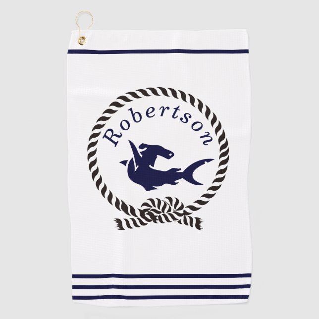 Nautische Küstenbezeichnung Shark Navy Blue Golfhandtuch (Vorderseite)