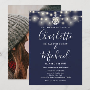 Nautische Lichterkette Navy Blau Foto-Hochzeit Einladung