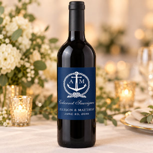 Nautische Marine-Anker-Monogramm-Hochzeit Weinetikett