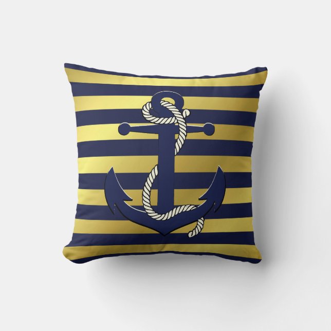 Nautische Marine/Goldanker/Rad/blaue Streifen der  Kissen (Vorderseite)
