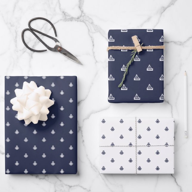 Nautische Marine und Weiß Geschenkpapier Set (Vorderseite)