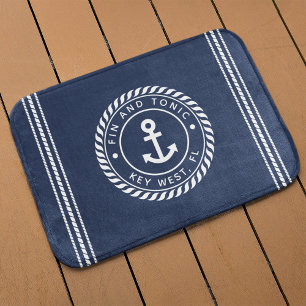 Nautische Marine und Weißer Anker   Ihr Bootname Badematte