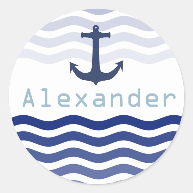 Nautische Marine Waves und Personalisierter Name d Runder Aufkleber (Vorderseite)