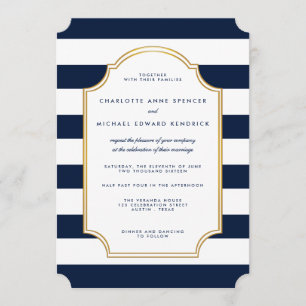 Nautische Marine   White Stripe Moderne Hochzeit Einladung