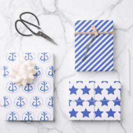 Nautische Marinemuster: Anker, Streifen und Sterne Geschenkpapier Set