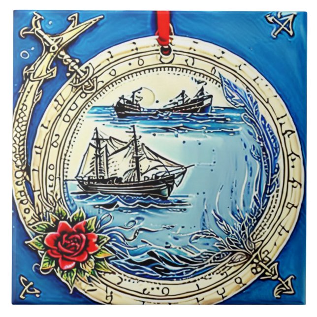 Nautische Meereslebewesen Traditionelle Keramik Nr Fliese (Vorderseite)