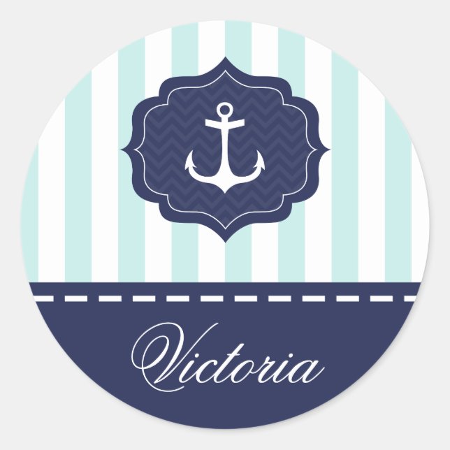 Nautische Minze Navy Blue Anchor Individuelle Name Runder Aufkleber (Vorderseite)