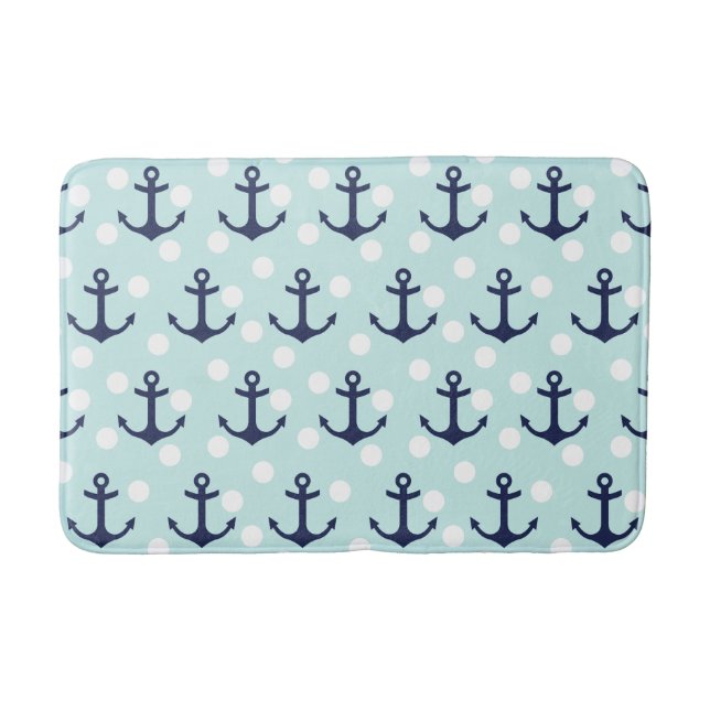 Nautische Minzpolka-Punkte und blaue Navy-Anker Badematte (Vorderseite)
