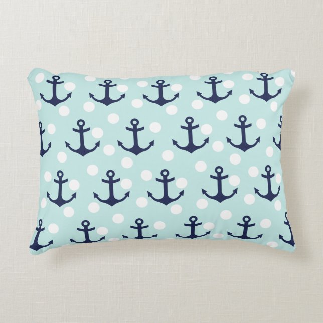 Nautische Minzpolka-Punkte und blaue Navy-Anker Dekokissen (Vorderseite)