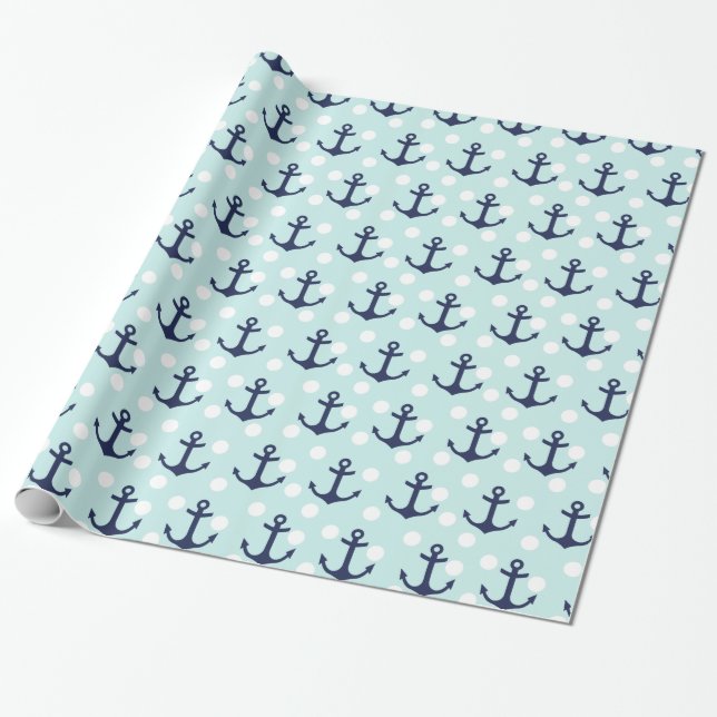 Nautische Minzpolka-Punkte und blaue Navy-Anker Geschenkpapier (Ungerollt)