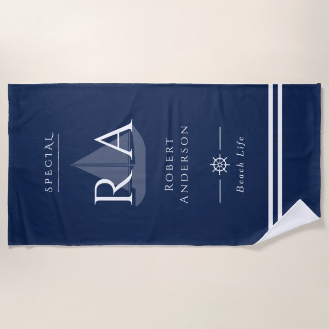 Nautische Monogram Navy Strandtuch (Vorderseite)