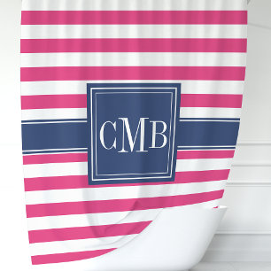 Nautische Monogramm aus heiß rosa und navy Streife Duschvorhang