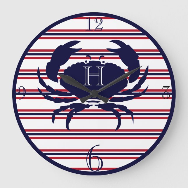 Nautische Monogramm rote Marinekrabe, weiße Krabbe Große Wanduhr (Vorderseite)