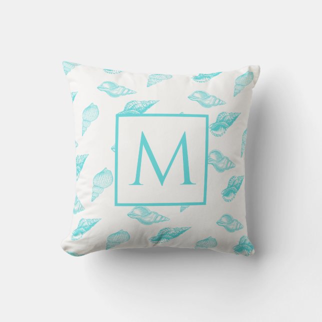 Nautische Monogramm Seashell Muscheln Aqua Aquamar Kissen (Vorderseite)