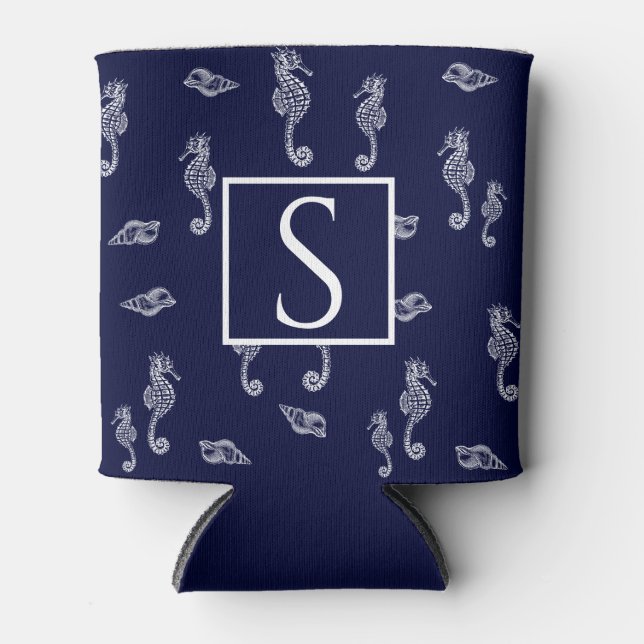 Nautische Monogramm Seepferd Muschel Navy Blue Whi Dosenkühler (Vorderseite)