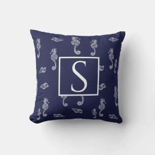 Nautische Monogramm Seepferd Muschel Navy Blue Whi Kissen