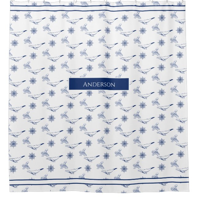 Nautische Monogramm Wale und Oktopus Marine Weiß Duschvorhang (Vorderseite)