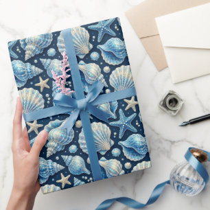 Nautische Muschel Seestern Blau und Weiß Geschenkpapier