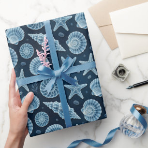 Nautische Muschel Seestern Blau und Weiß  Geschenkpapier
