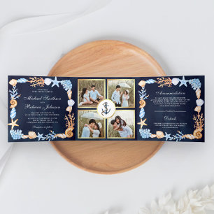 Nautische Muscheln Navy Blau Foto Collage Hochzeit Dreifach Gefaltete Einladung