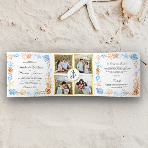 Nautische Muscheln Rahmen Foto Collage Hochzeit Dreifach Gefaltete Einladung