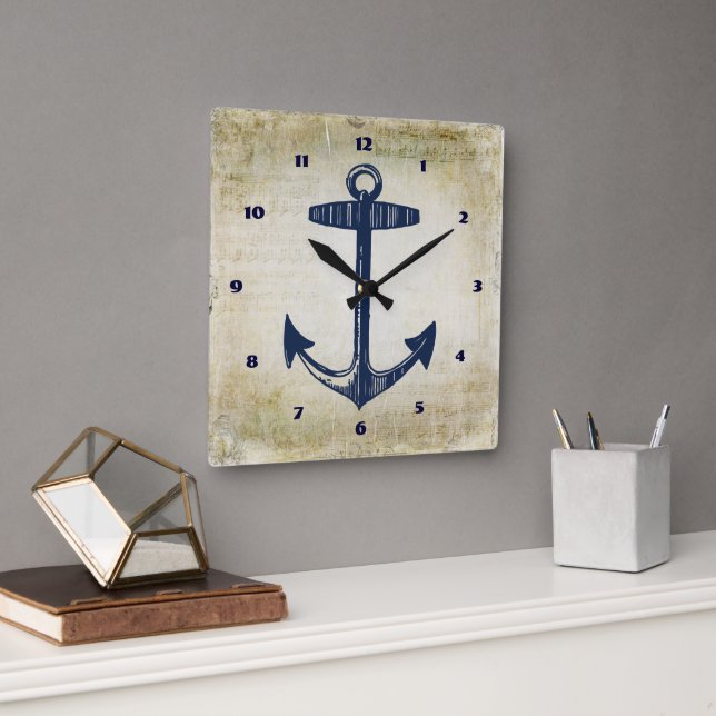 Nautische Navy Anchor erschütterte musikalische No Quadratische Wanduhr (Büro)