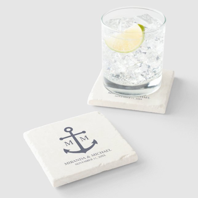 Nautische Navy Blau Anker Hochzeit Steinuntersetzer (Seitenansicht)