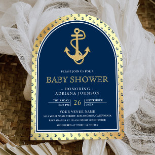 Nautische Navy Blau Gold Anker Bogen Baby Shower Einladung