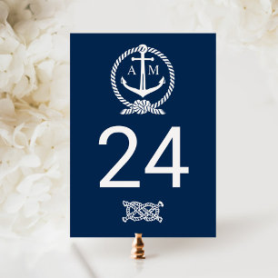 Nautische Navy Blau Hochzeitsmonogramm-Tischnummer Postkarte