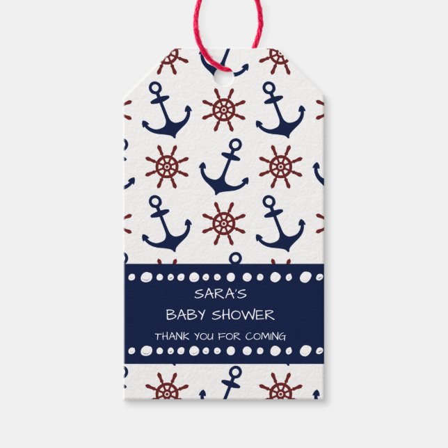 Nautische Navy Blau und rotes Anchor-Rudermuster Geschenkanhänger (Vorderseite)