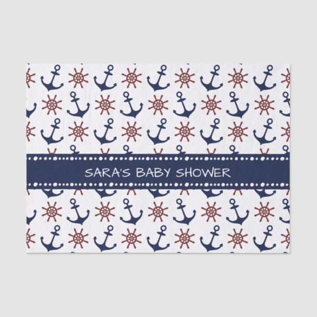 Nautische Navy Blau und rotes Anchor-Rudermuster Seidenpapier (Vorderseite)