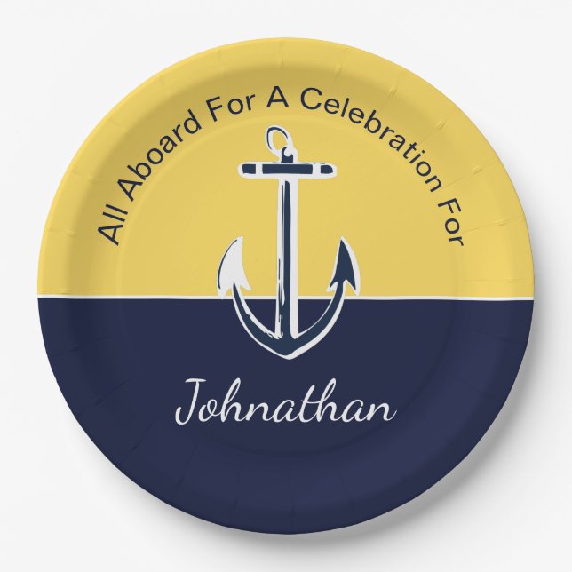 Nautische Navy Blau und Senf Yellow Anchor Party Pappteller (Vorderseite)