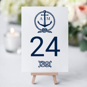 Nautische Navy Blau Weiße Anker-Monogramm-Hochzeit Tischnummer