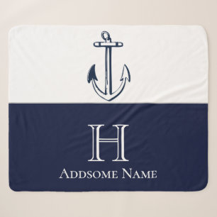 Nautische Navy Blue Anchor Coastal Mit Monogramm Sherpadecke